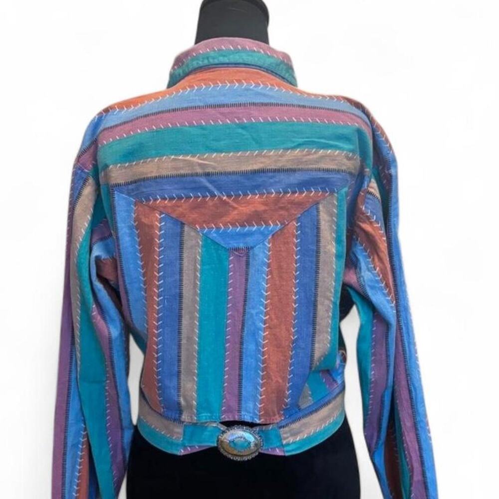 90s Western Stripe Crop Button Up – Southwest Cowgirl Top M - Picture 4 of 8